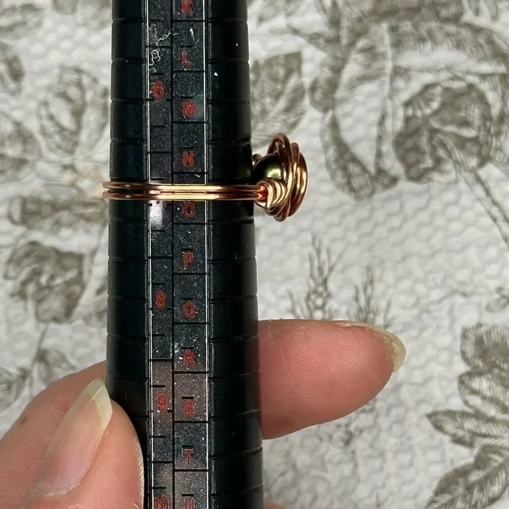 Handmade copper wire wrap ring green bead